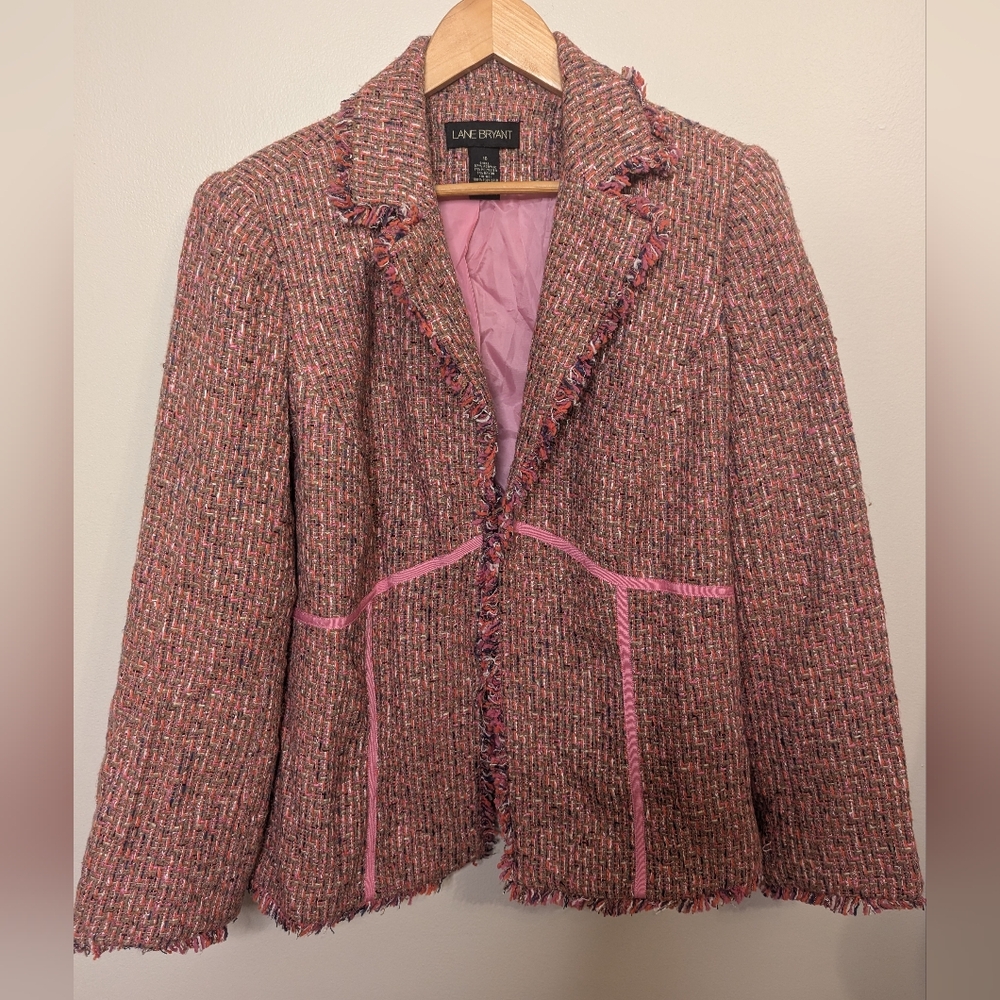 Lane Bryant vintage Tweed pink, orange white brown black jacket size 16